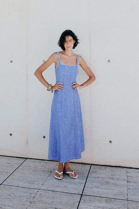 A blue linen-blend midi dress