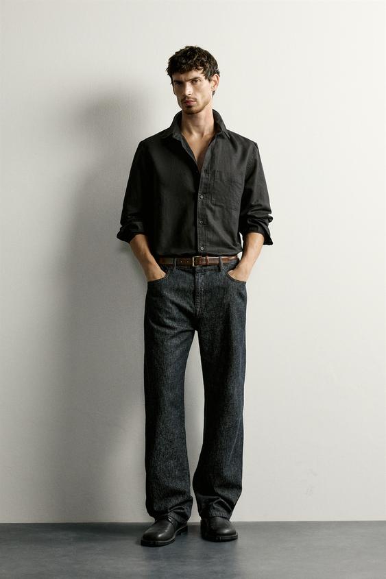 A black linen-cotton regular fit shirt