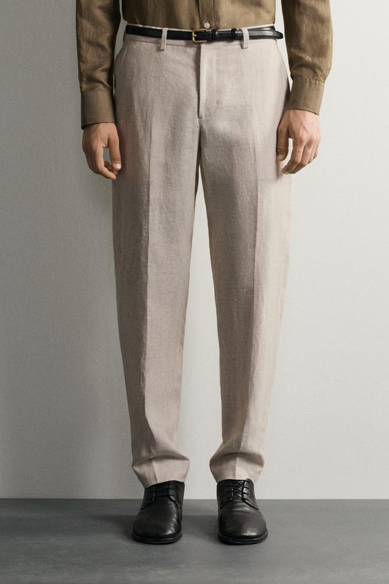 Beige tailored 100% linen suit trousers